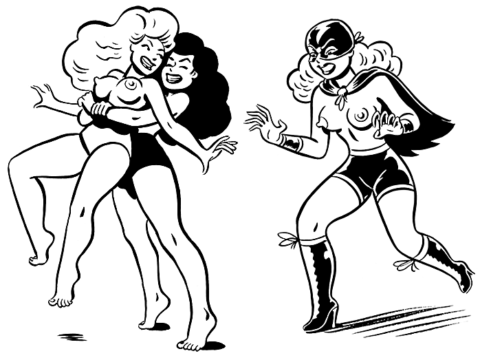 Two black and white illustrations of topless wresting women by Colin Gordon.