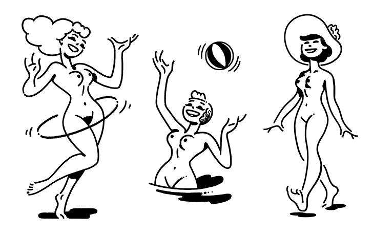 A selection of black and white illustrations by Colin Gordon of 3 ladies in a nudist camp.