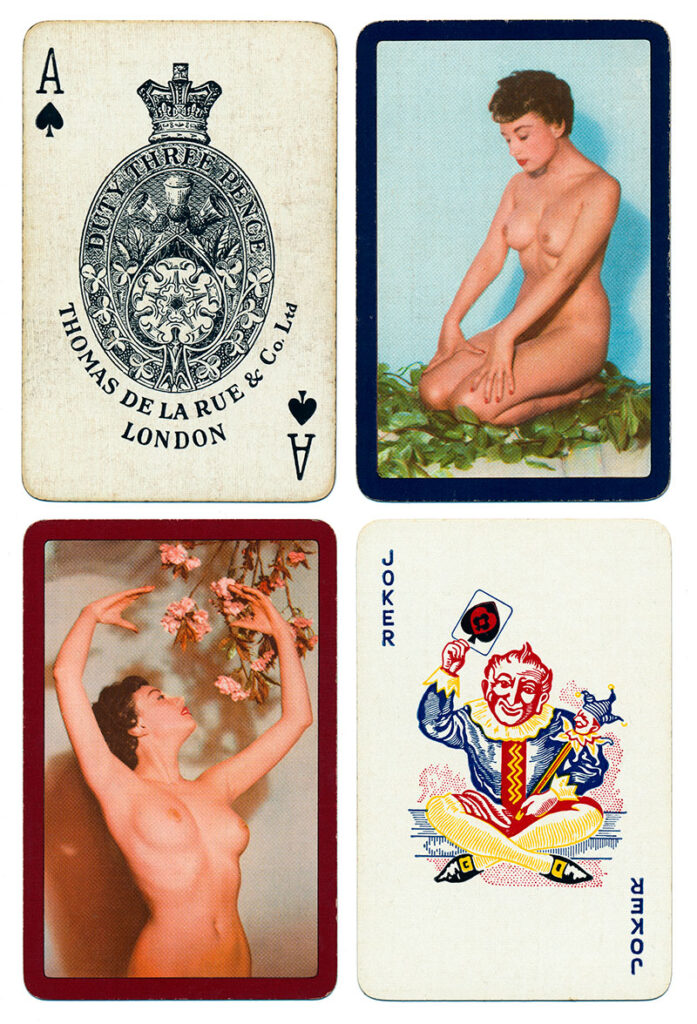 A set of vintage playing cards by De La Rue, London, featuring Pamela Green on the reverse. 